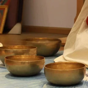 Complete handmade brass singing bowl meditation set with multiple bowls, mallets and cushions displayed overhead on fabric