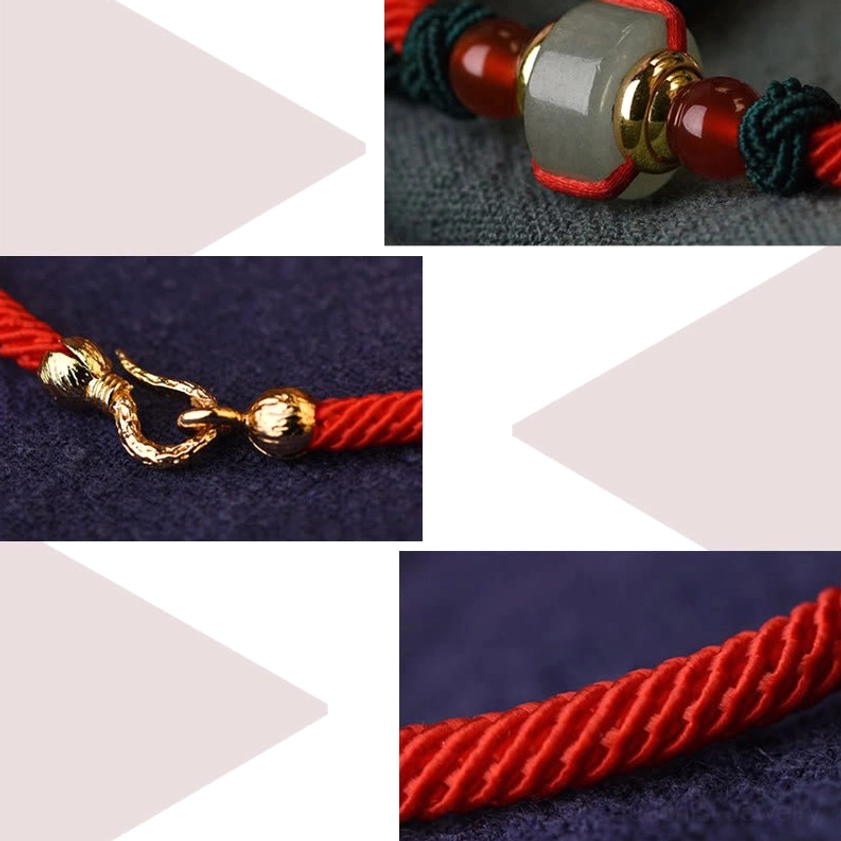 Detailed view of handmade Buddhist bracelet components including red braided cord, gold clasp, and bead assembly