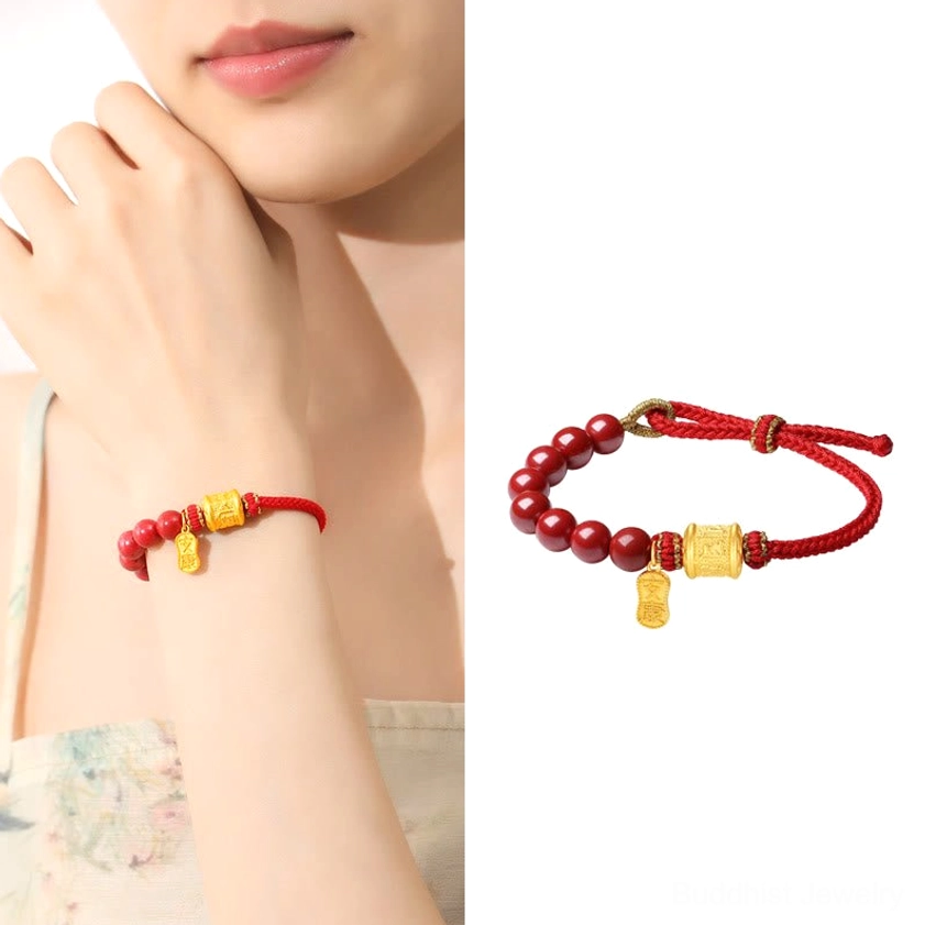 Handmade Buddhist bracelet with natural cinnabar and 999 sterling silver - artisan craft