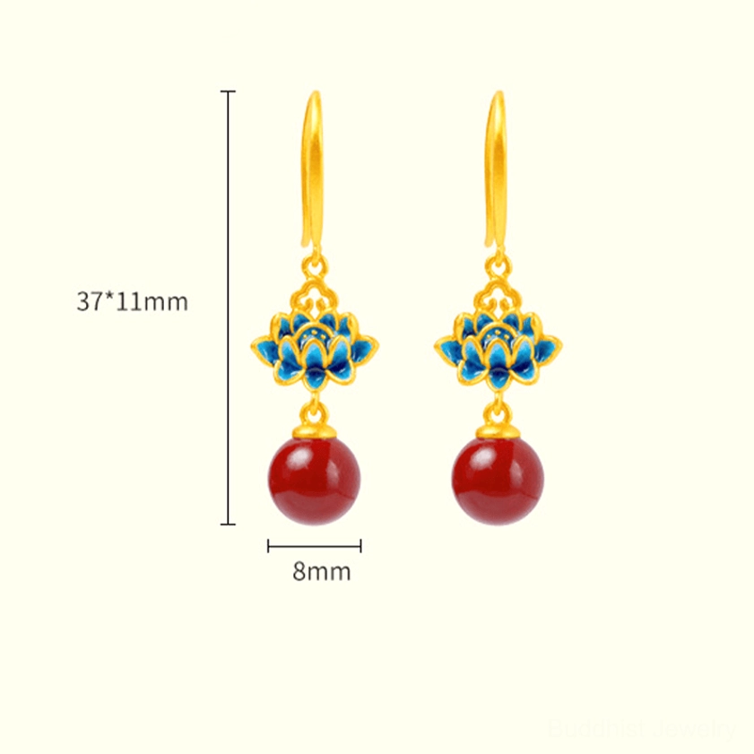 Handmade buddhist lotus cinnabar earrings artisan craftsmanship - natural gemstone pair authentic spiritual jewelry