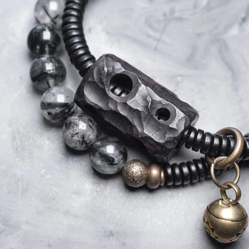Handmade Buddhist couple bracelet with natural ebony wood and black quartz beads, spiritual energy and balance bracelet