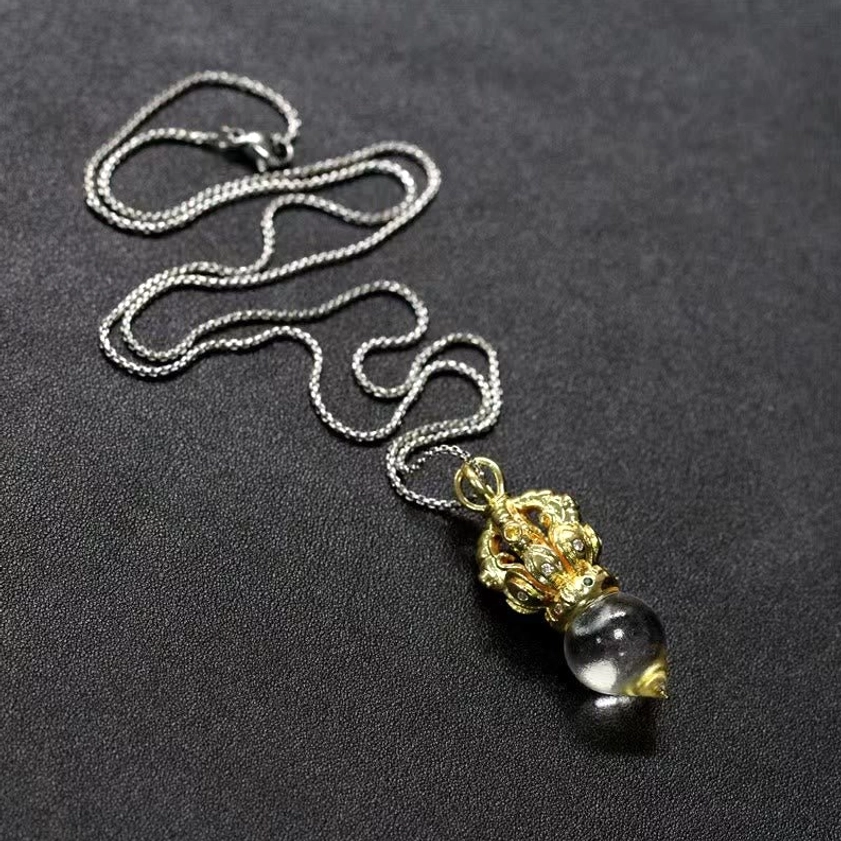 Handmade Buddhist Dorje pendant - liuli crystal glass with authentic vajra design and titanium chain