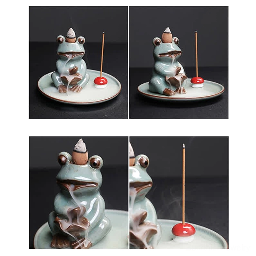 Handmade Buddhist frog incense burner featuring authentic artisanal ceramic work and traditional glaze with natural color variations