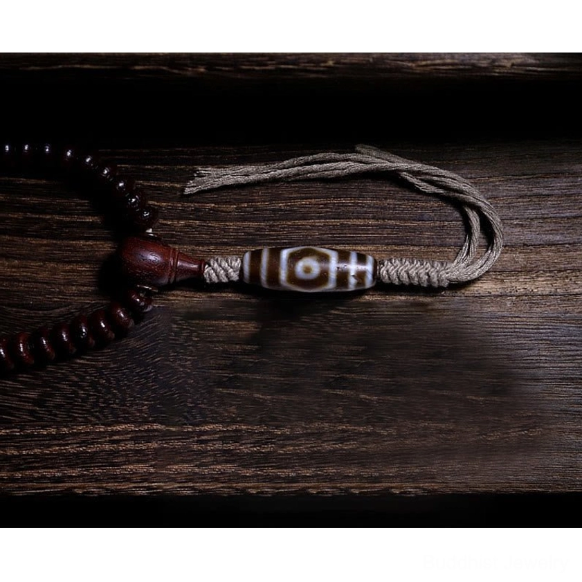 Handmade Buddhist mala 108 beads with purple bodhi and sacred dzi stone bead