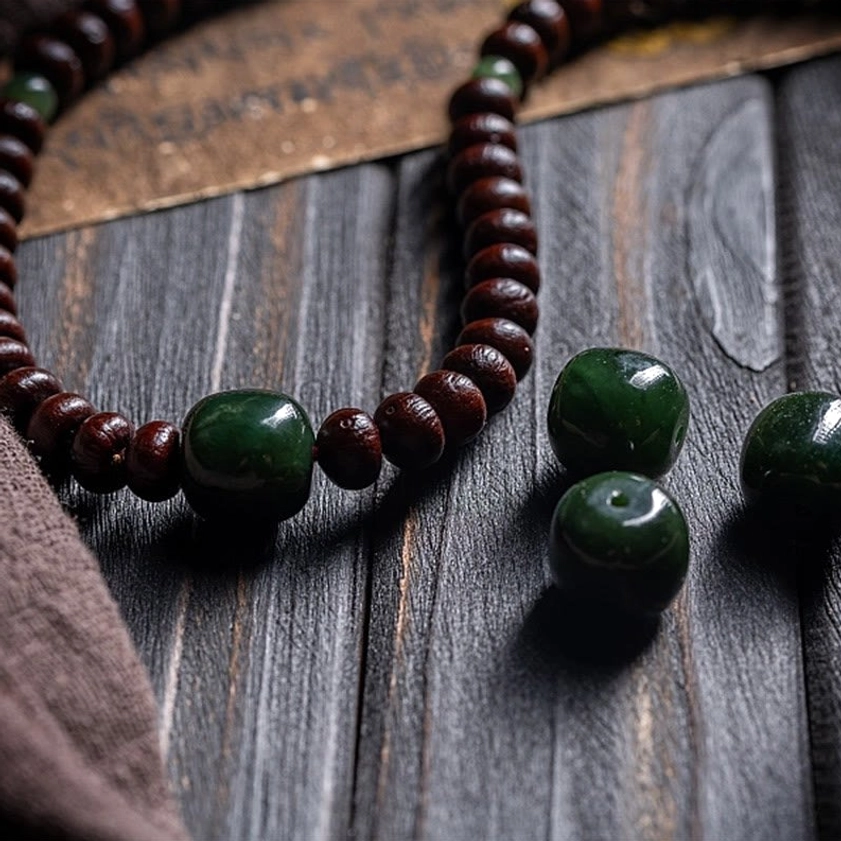 Authentic handmade Buddhist prayer mala showing craftsmanship and material quality