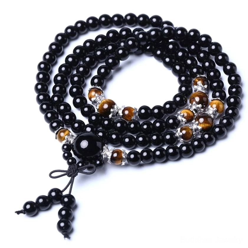 Authentic handmade 108 bead Buddhist mala bracelet with natural black obsidian and tiger eye stones for meditation practice