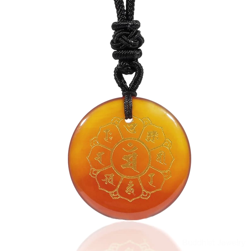 Handmade Buddhist necklace pendant featuring Om Mani Padme Hum mantra in natural crystal with braided cord