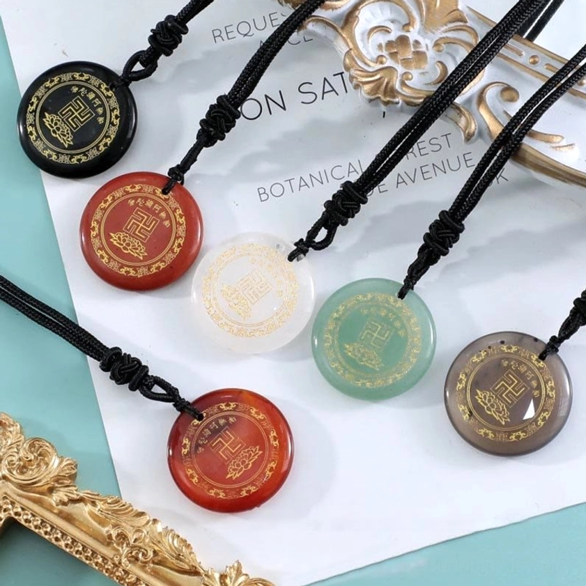 Handmade Buddhist pendant swastika lotus crystal stone talisman for daily wear