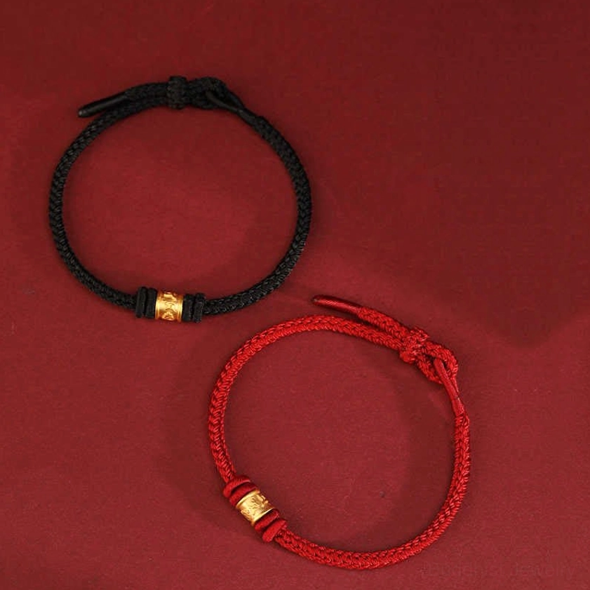 Handmade Buddhist red string protection bracelet, natural rope construction with gold accent