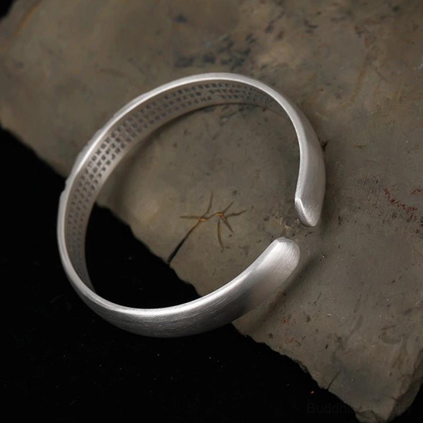 Authentic handmade 999 sterling silver Buddhist Buddha head open cuff bracelet with sacred heart sutra engravings for spiritual protection and mindfulness