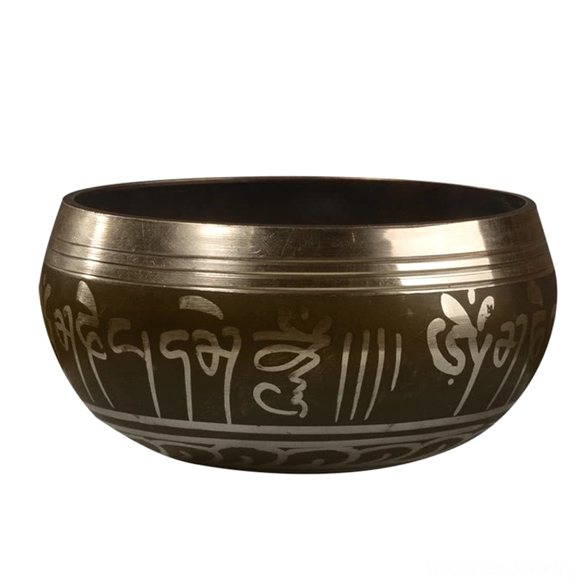Handmade copper Buddhist singing bowl with Buddha eyes sacred design and mallet, complete meditation sound bowl set