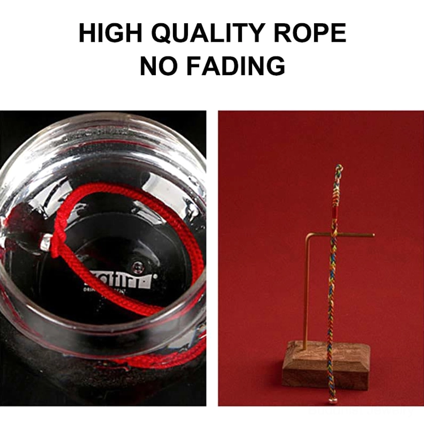 Multicolor handmade Buddhist string bracelet with King Kong knot and red thread accent - top view