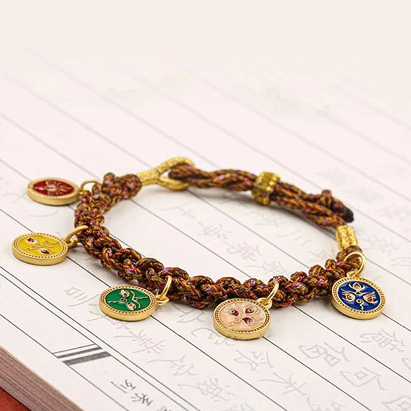Five wealth deities Buddhist bracelet - handcrafted braided string with enamel prosperity pendants