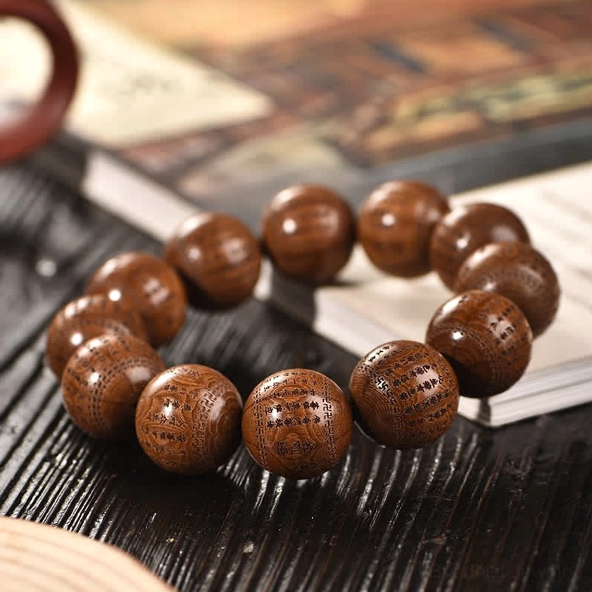 Handmade Abelia Biflora wood prayer beads bracelet with six-character mantra and wooden toggle clasp