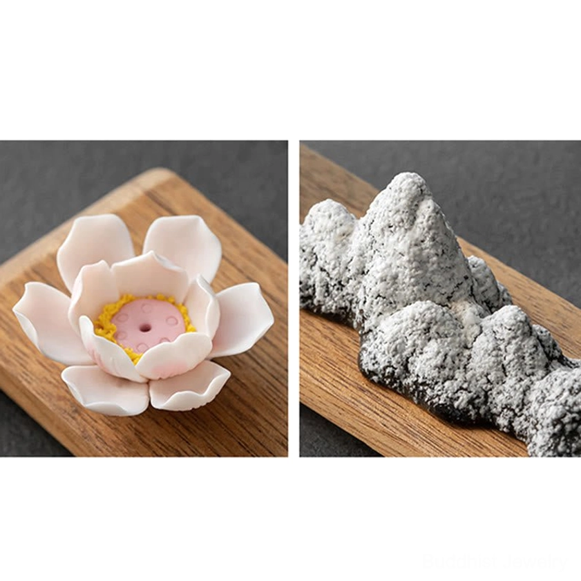 Handmade ceramic lotus incense holder with Buddha decorations and mountain stone ornaments display