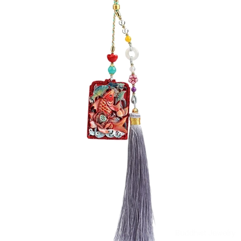Handmade cinnabar car hanging with koi fish and lotus flower design featuring natural stone beads and spiritual blessing symbolism