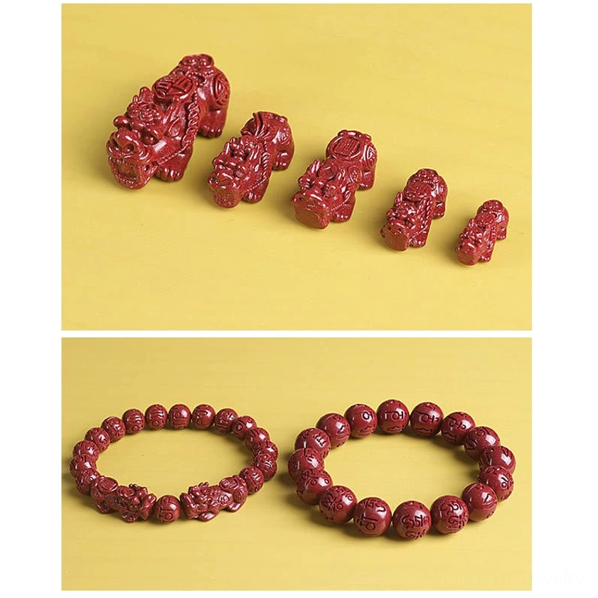 Handcrafted natural cinnabar bracelet with double Pixiu charms and Buddhist beads