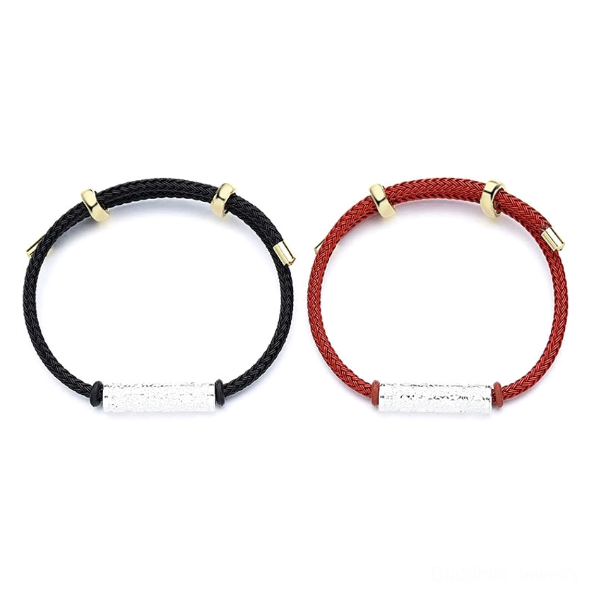 Handmade couple Buddhist bracelets black and red with silver copper accents and gold adjustable slider buckles