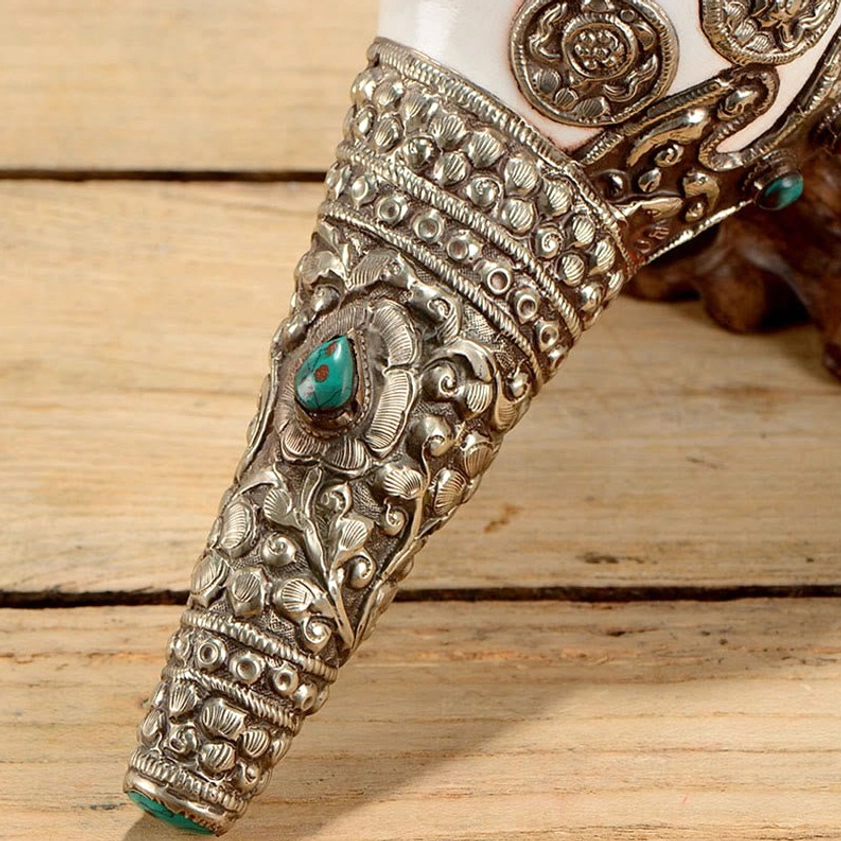 Handmade Buddhist shankha conch with carved dragon motif providing protection luck and masculine strength energy