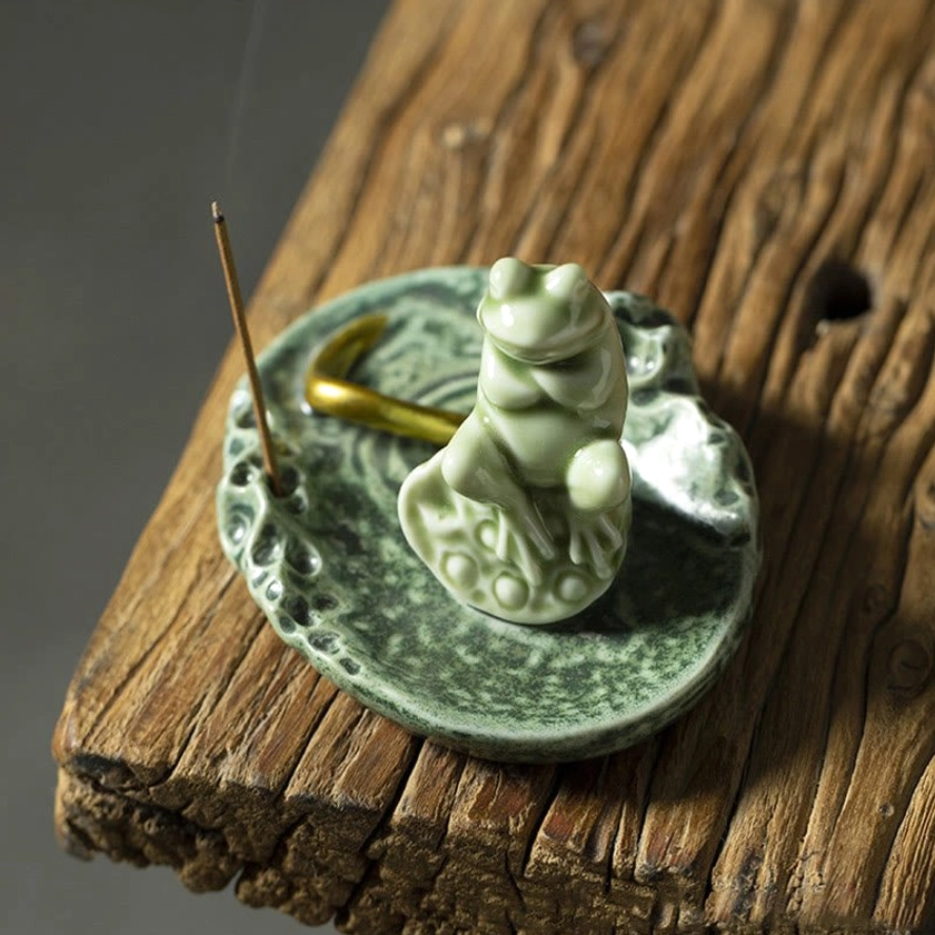 Handmade frog incense burner for Buddhist practices, spiritual sanctuary decoration