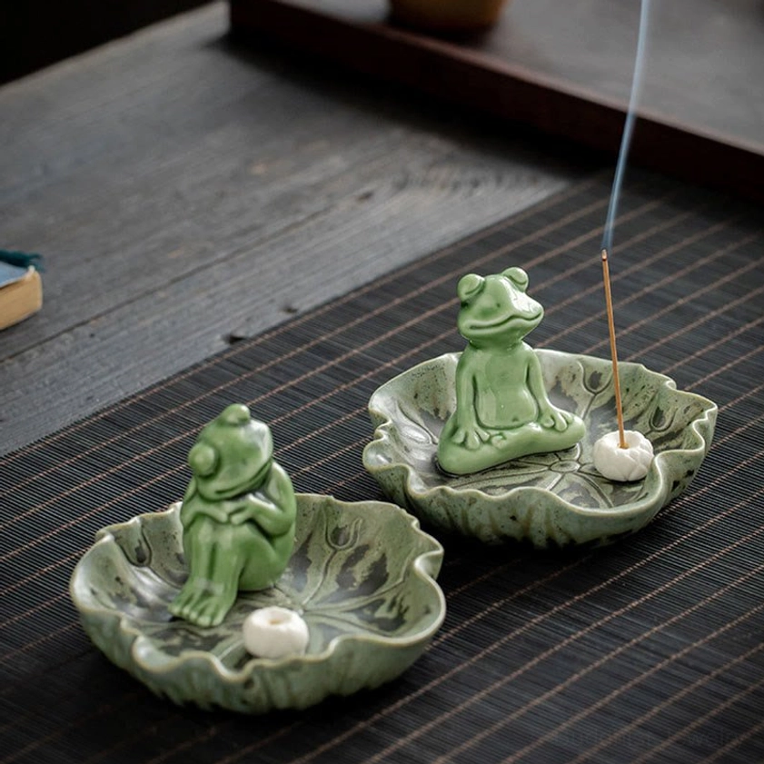 Handmade frog incense holder with lotus leaf tray, authentic Buddhist meditation practice support