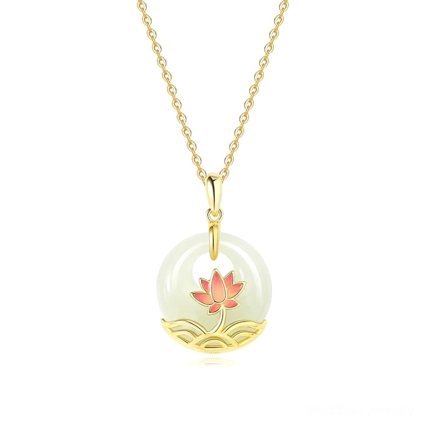 Handmade hetian jade lotus pendant necklace with sterling silver, showcasing natural stone variations and craftsmanship
