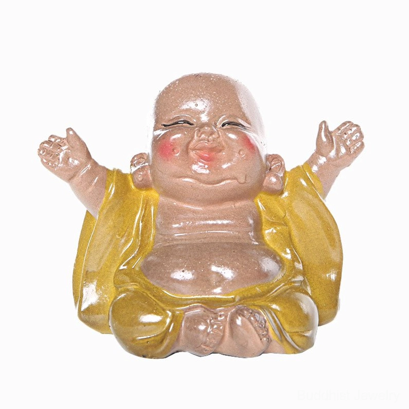 Laughing Buddha handmade figurine detail showing craftsmanship, natural resin texture, and authentic artisanal quality