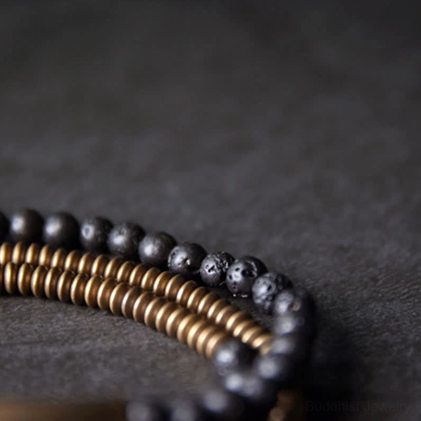 Authentic handmade lava rock copper bracelet showcasing natural volcanic stone beads and vintage brass metal work