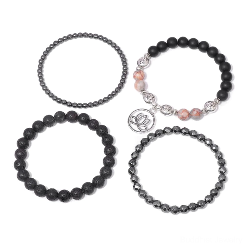 Handmade lava rock lotus charm bracelet with mixed natural stone beads - spiritual accessory