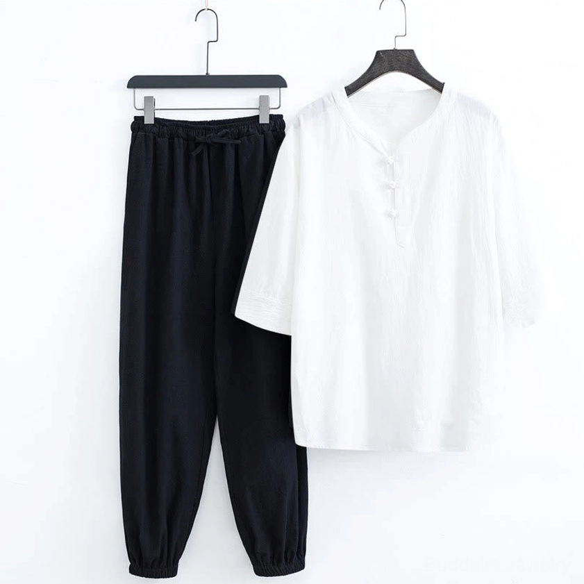 Handcrafted linen meditation wear showing natural texture and wrinkles characteristic of authentic Buddhist garments