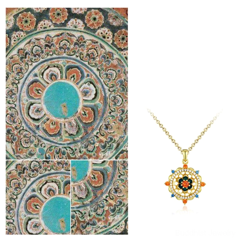 Handmade lotus pendant with colorful enamel and zircon details, showcasing Buddhist spiritual symbolism