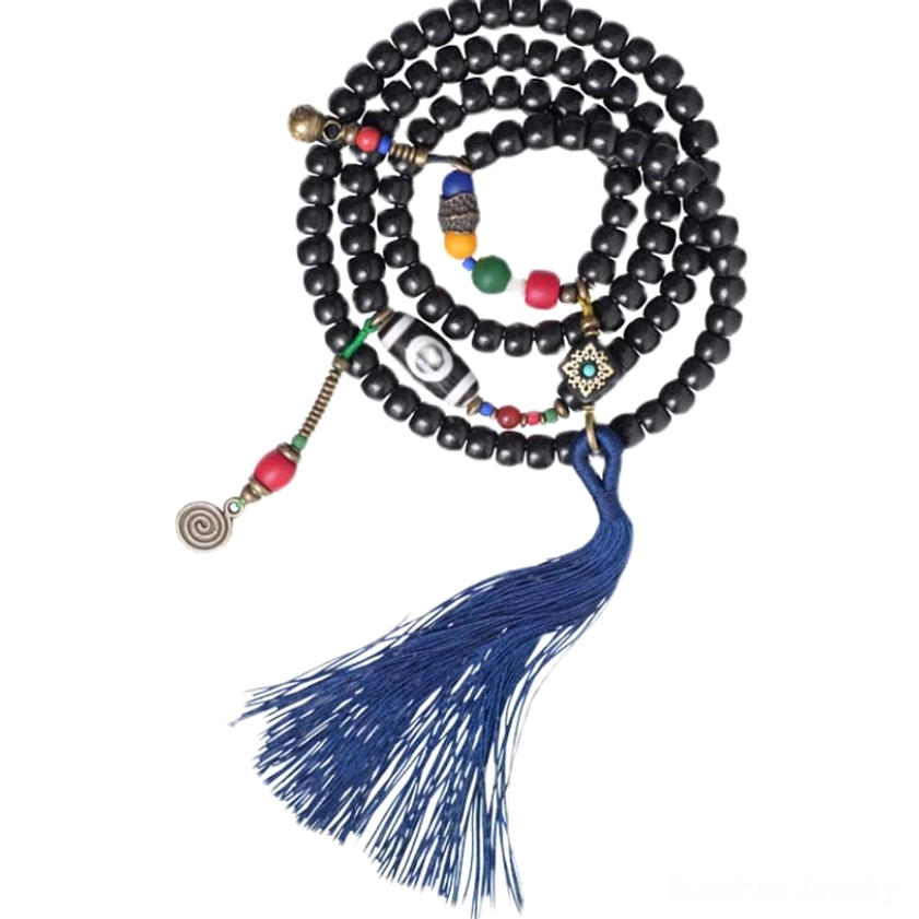 Handmade ebony wood mala bracelet 108 beads with blue tassel and spiritual protection symbol