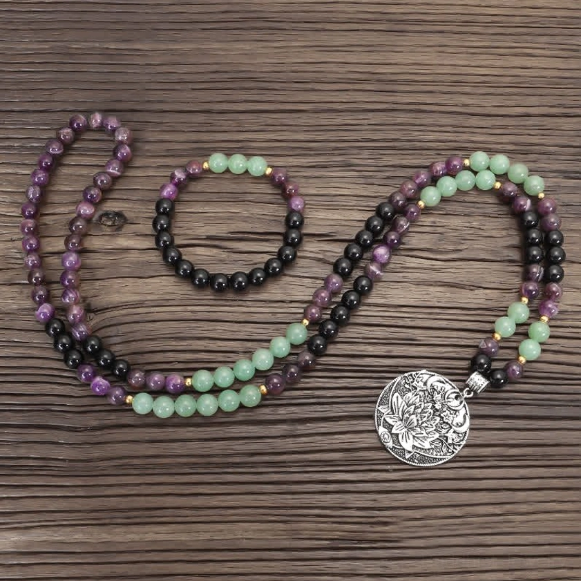 handmade 108 bead mala bracelet craftsmanship detail, showing natural gemstone variation and artisan quality construction