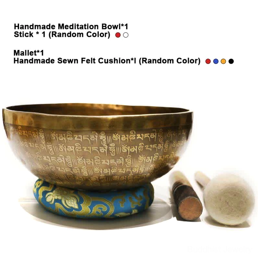 Handmade meditation bowl with wooden mallet and patterned felt cushion front three-quarter view