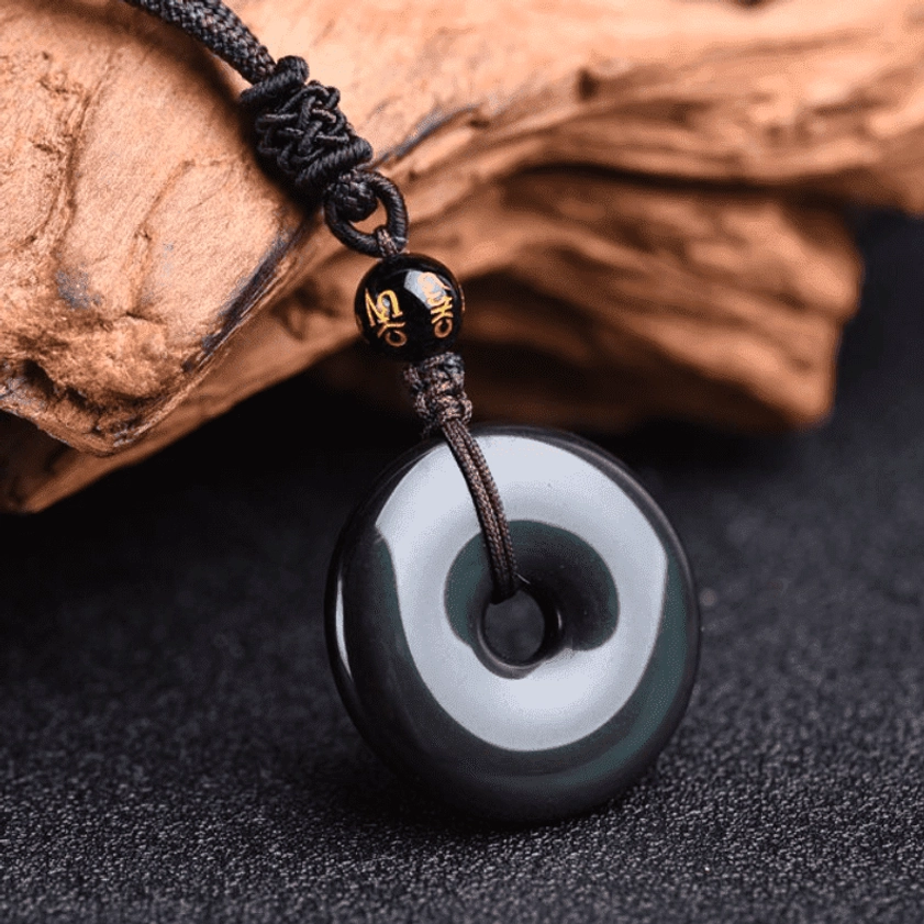 Authentic handmade obsidian donut pendant - natural stone protection necklace
