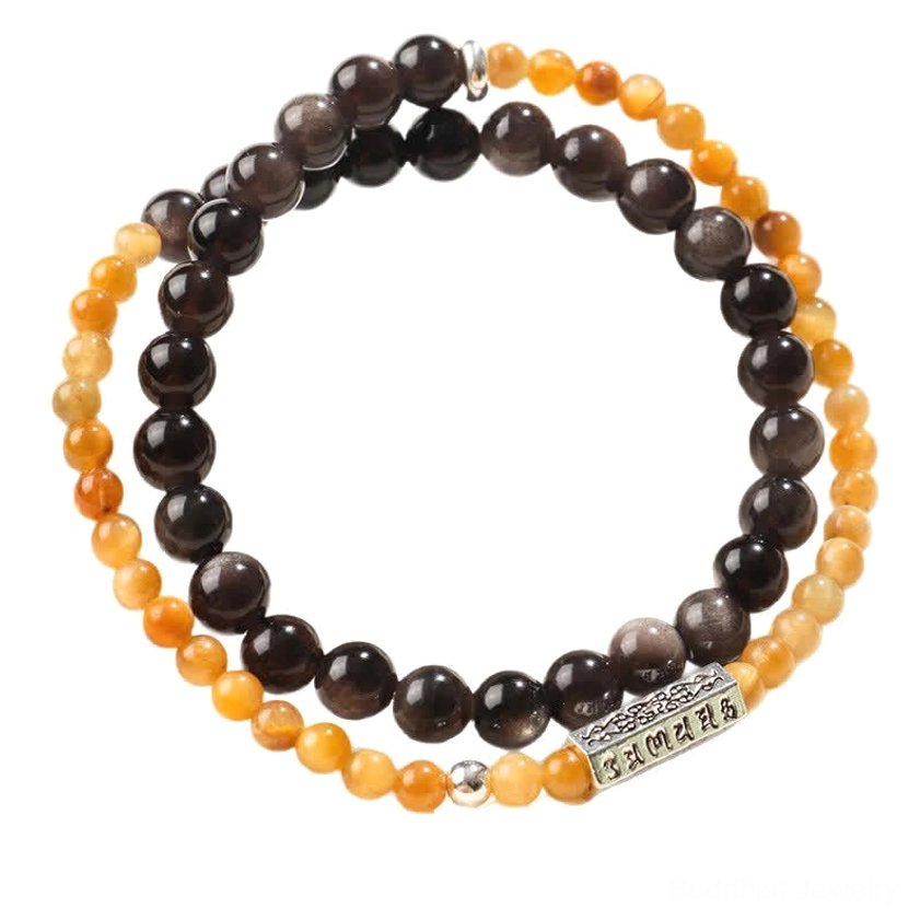 Handcrafted silver sheen obsidian protection bracelet with Om Mani Padme Hum sacred mantra charm, grounding spiritual jewelry for daily wear