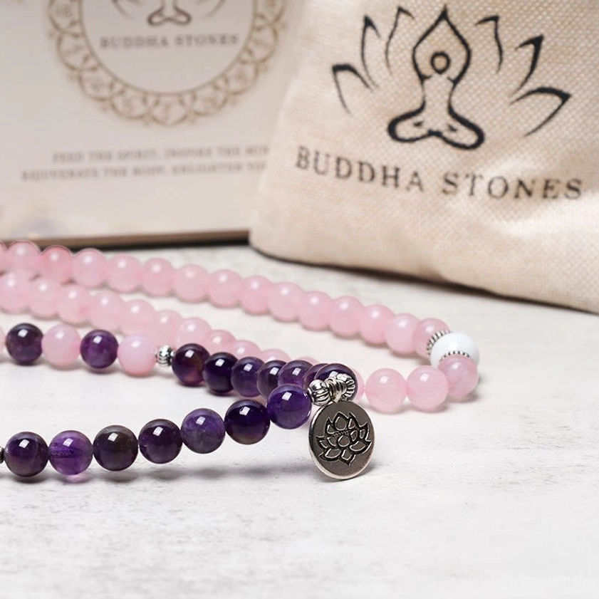 Handmade rose quartz amethyst mala bracelet with lotus pendant - spiritual healing stone jewelry