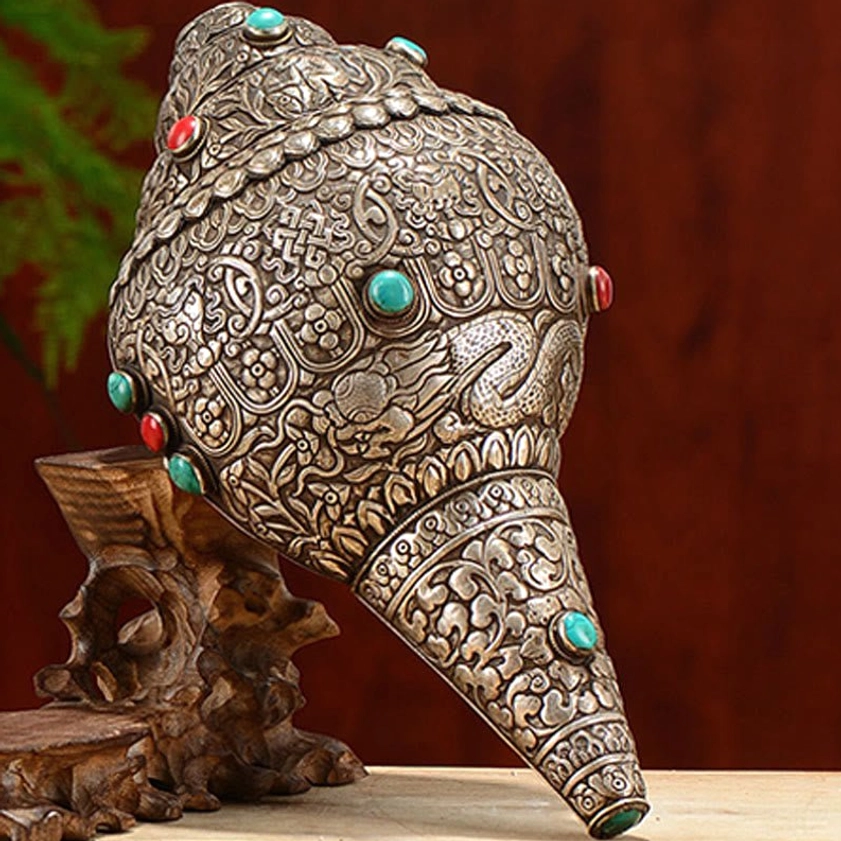 Handmade Shankha conch shell decorated with Eight Auspicious Symbols gemstone inlays