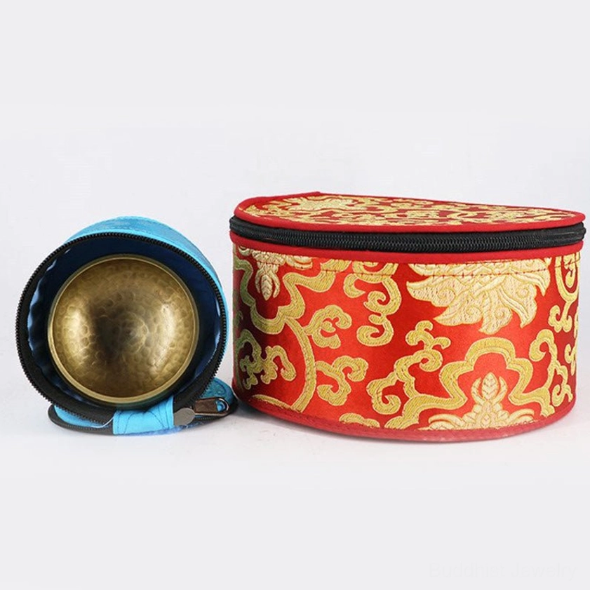 Handmade singing bowl storage pouch showcasing traditional textile artistry and design