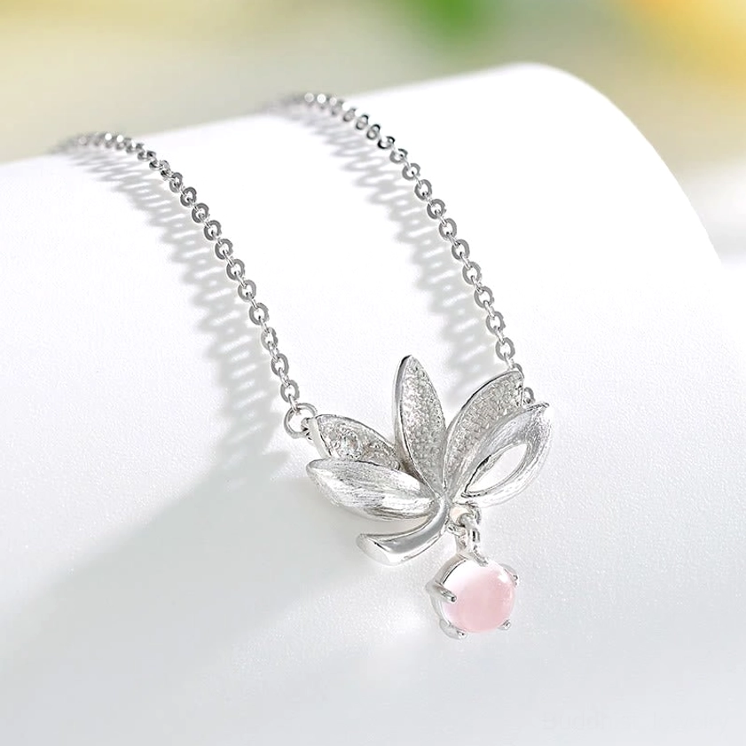 Handmade 925 sterling silver lotus necklace pendant featuring intricate carved design and natural gemstones