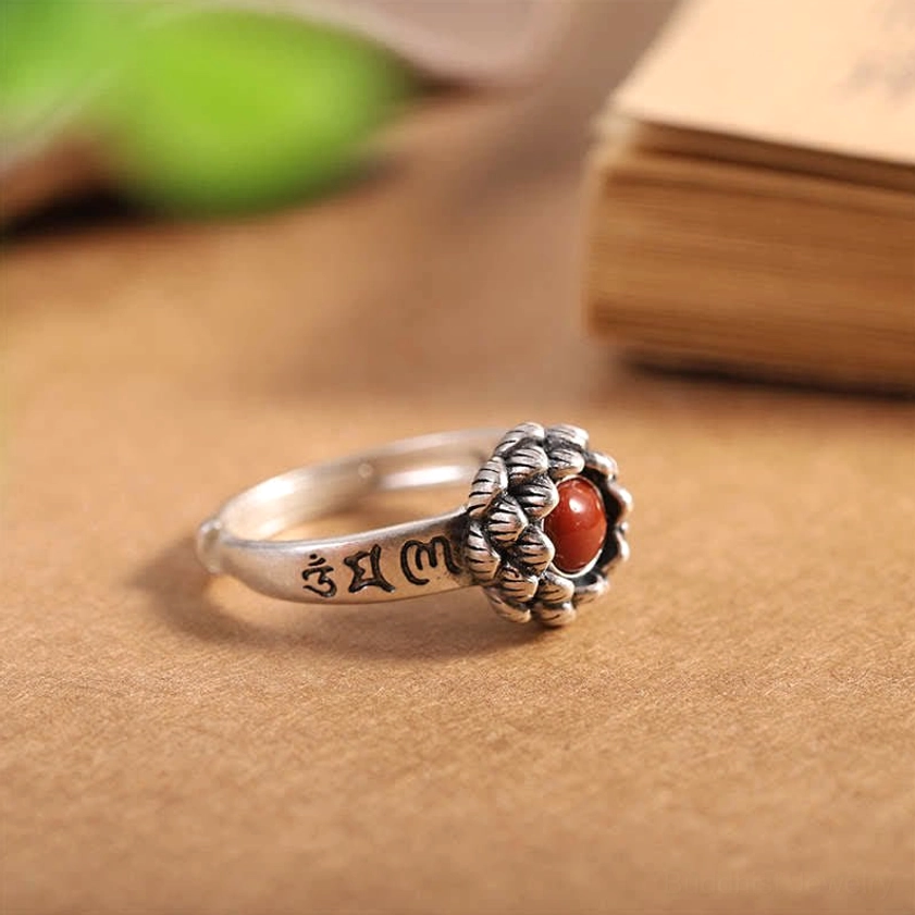 Handmade sterling silver lotus red agate ring showcasing master artisan craftsmanship and finish