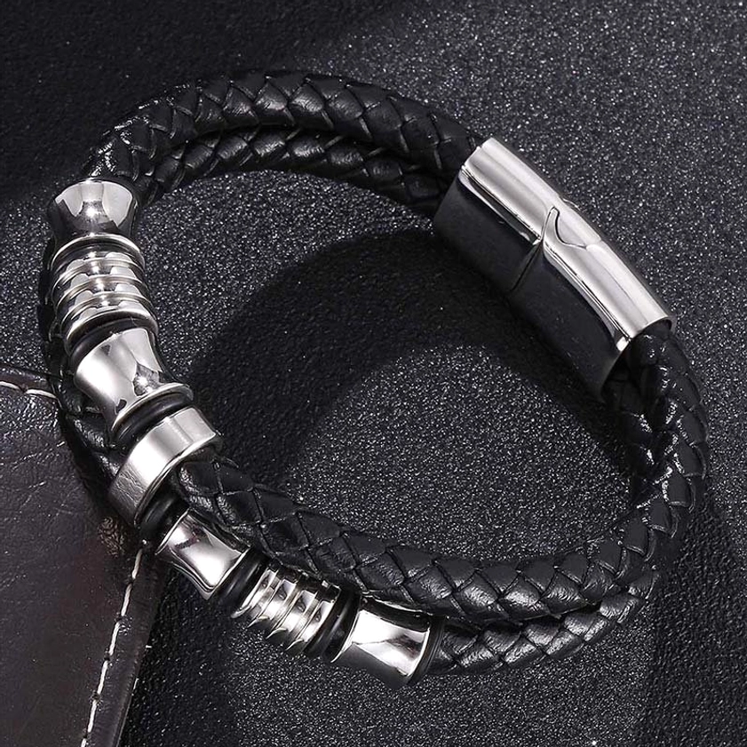 Handmade titanium steel leather bracelet with magnetic clasp for daily mindfulness wear