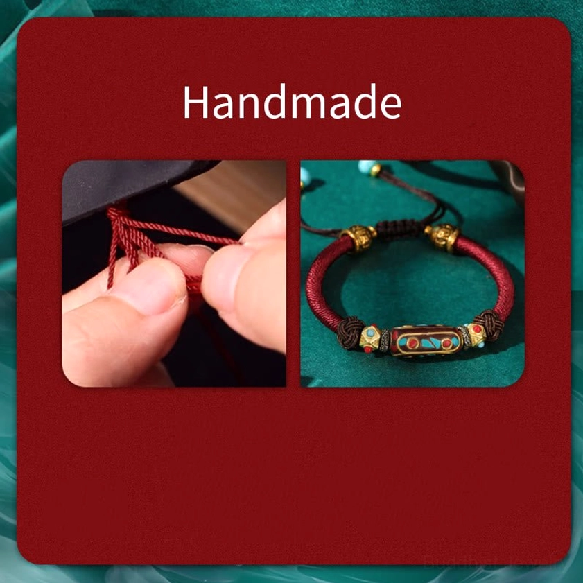 Handmade demonstration showing braiding process and finished turquoise Om Mani Padme Hum bracelet on red background with handmade label