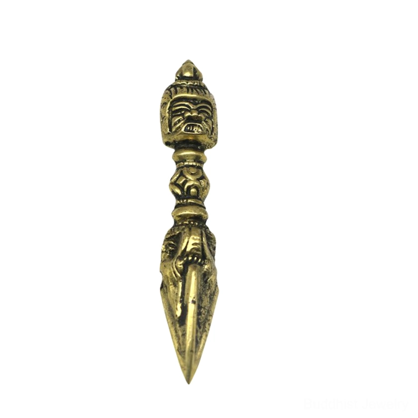 Aged bronze copper vajra dorje Buddhist meditation tool with full-length front view showing authentic patina finish