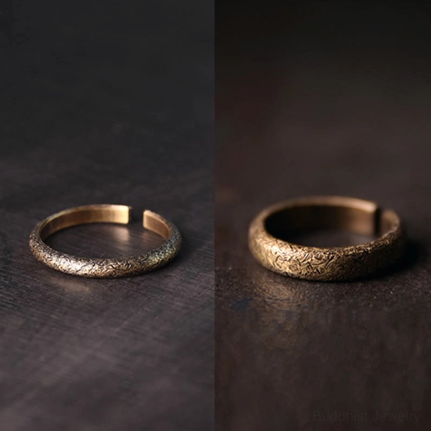 Handmade vintage copper Buddhist ring with patina finish, authentic artisanal craftsmanship