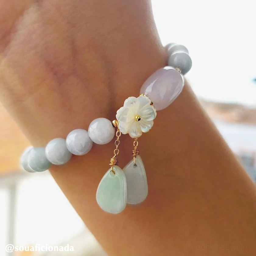 Handmade white jade Buddhist bracelet with elastic string and premium jade quality