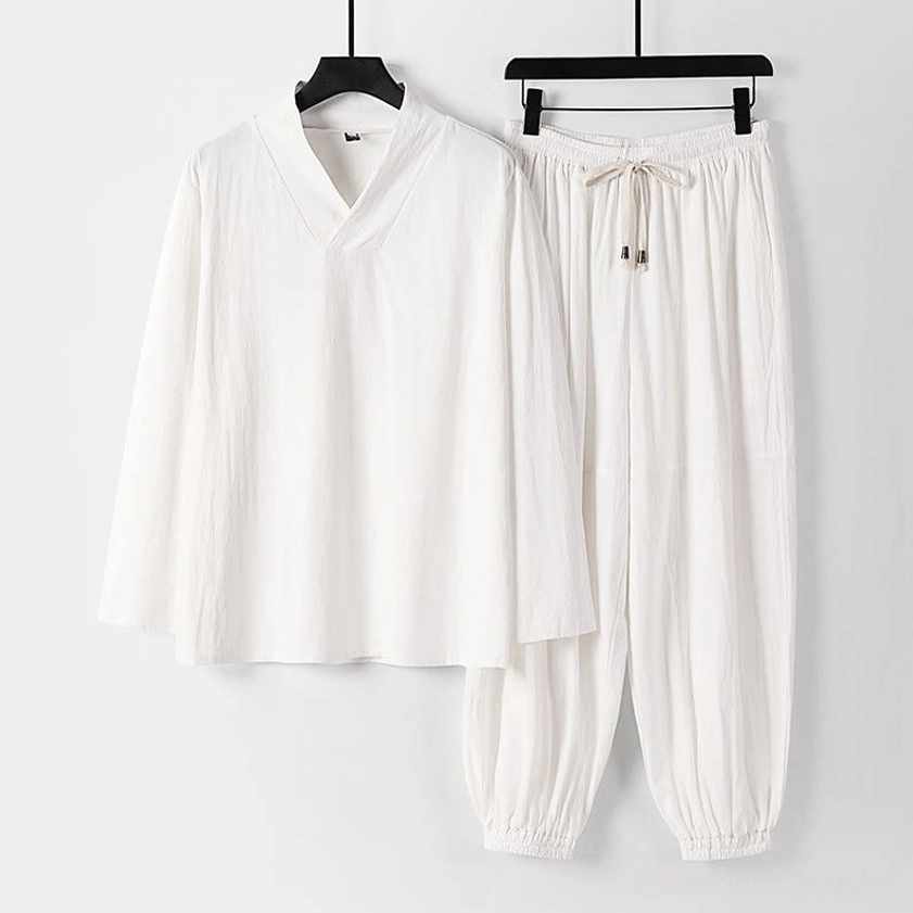 Hanfu pants loose leg silhouette with cropped length and tapered ankles