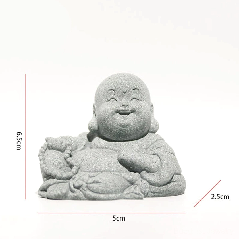 Happy monk Buddha ornament with prayer beads, grey stone finish, joyful expression representing contentment and spiritual wellbeing