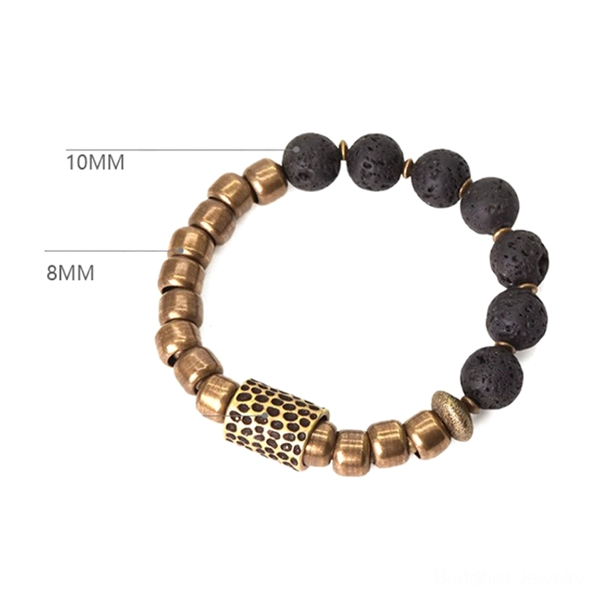Lava rock and brass healing bracelet with size markers 8mm and 10mm on white background, technical bead layout display