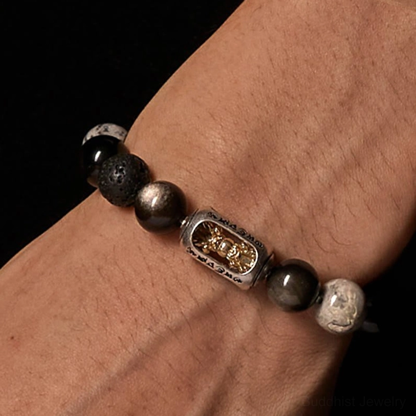 Om Mani Padme Hum healing bracelet worn on wrist close-up side angle